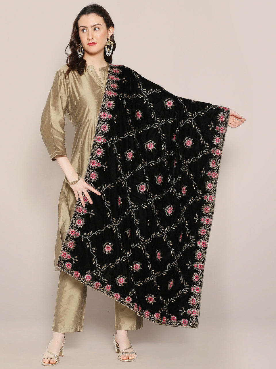 Black Velvet Dupatta with Pink Jaal Embroidery