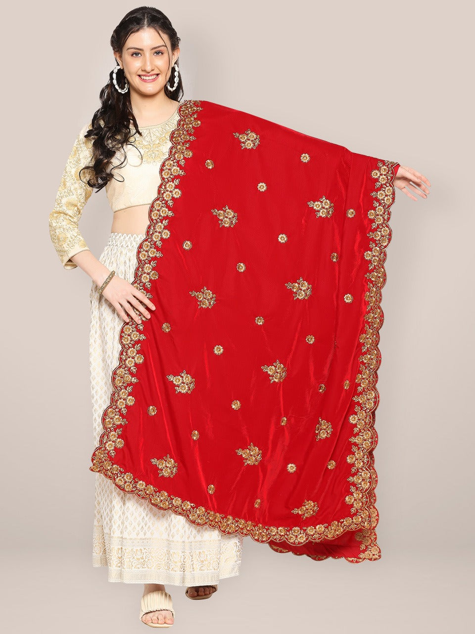 Velvet Dupatta with Gold Embroidery & Cutwork Border