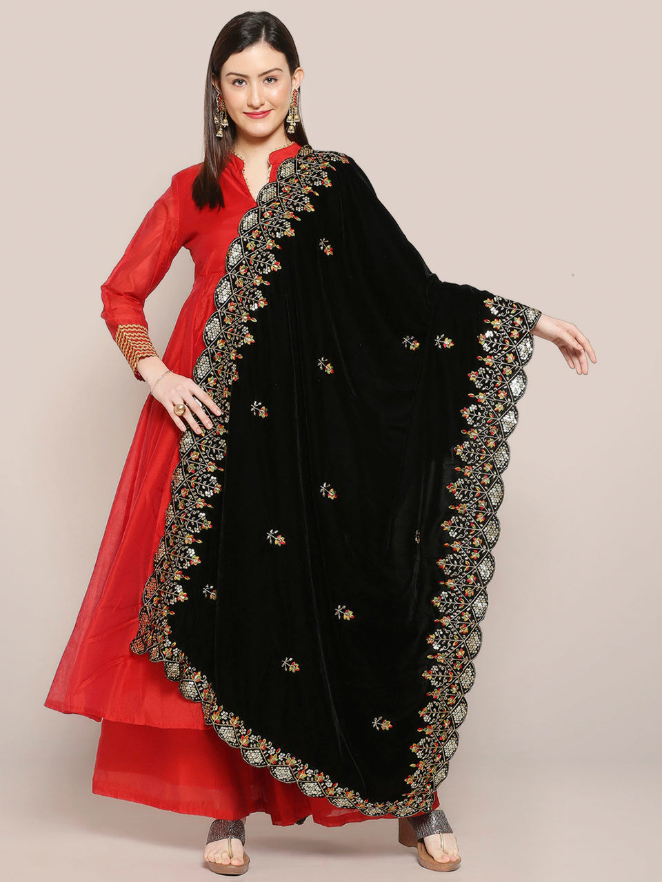 Embroidered Velvet Dupatta with Multicolour Embroidery & Sequins
