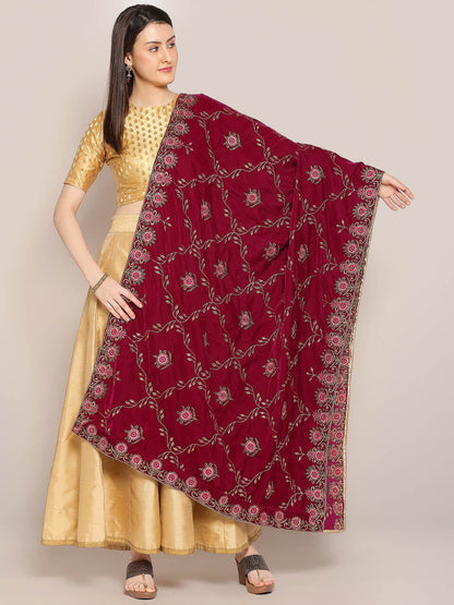 Velvet Dupatta with Pink Jaal Embroidery