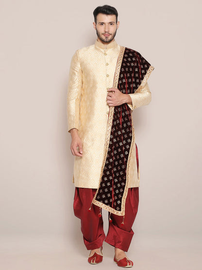 Men's Dark Maroon Velvet Stole with Foil Print.