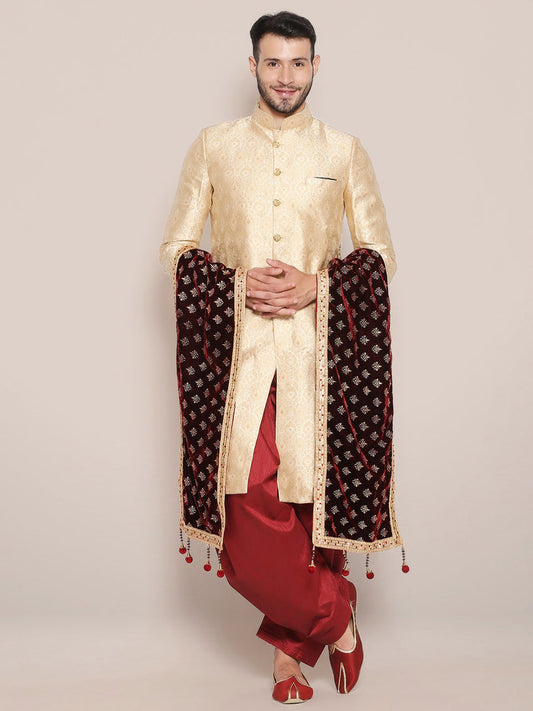 Men's Dark Maroon Velvet Stole with Foil Print.
