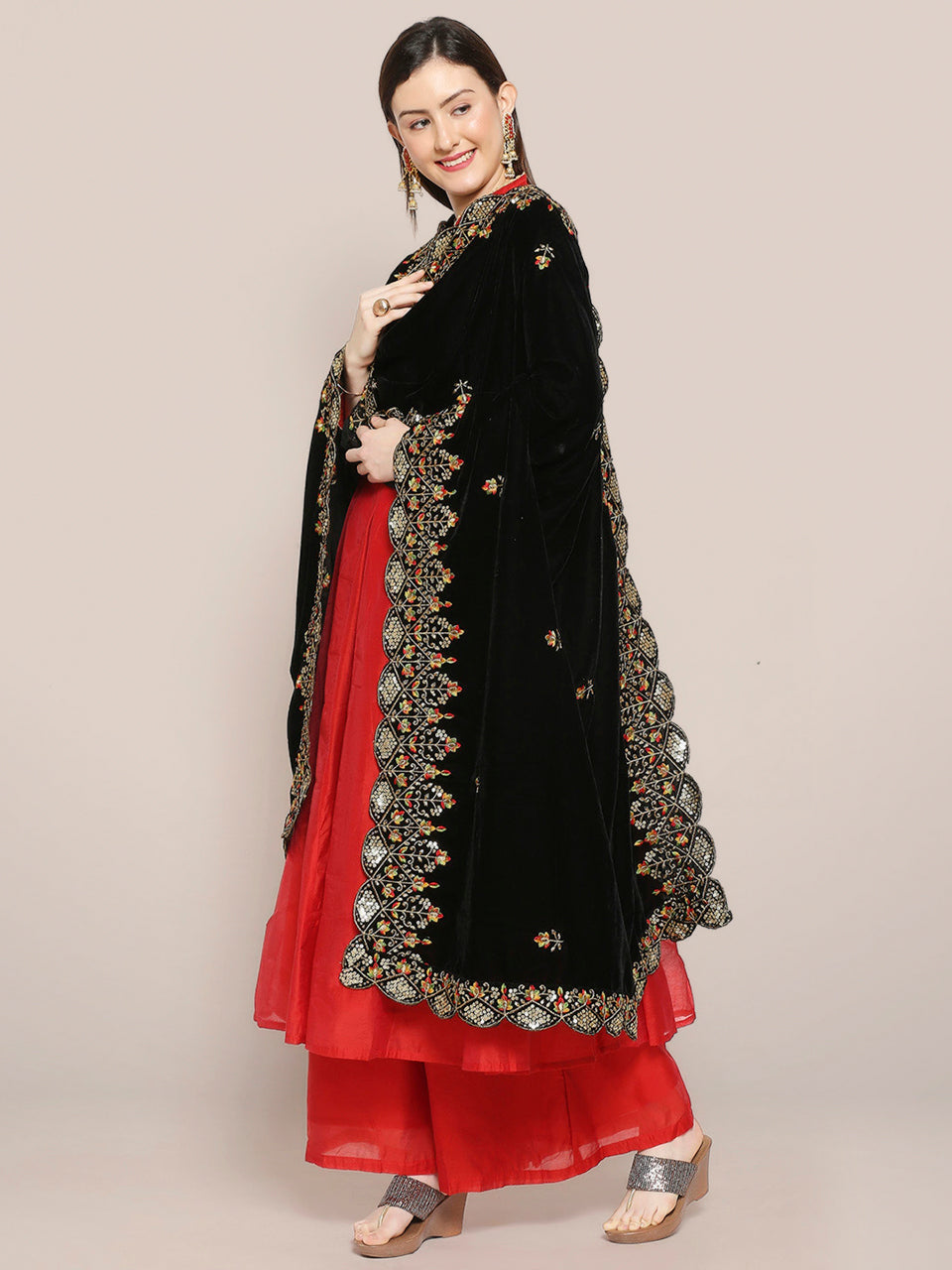 Embroidered Velvet Dupatta with Multicolour Embroidery & Sequins