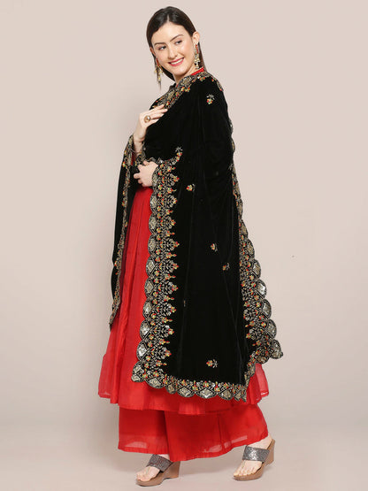 Embroidered Velvet Dupatta with Multicolour Embroidery & Sequins