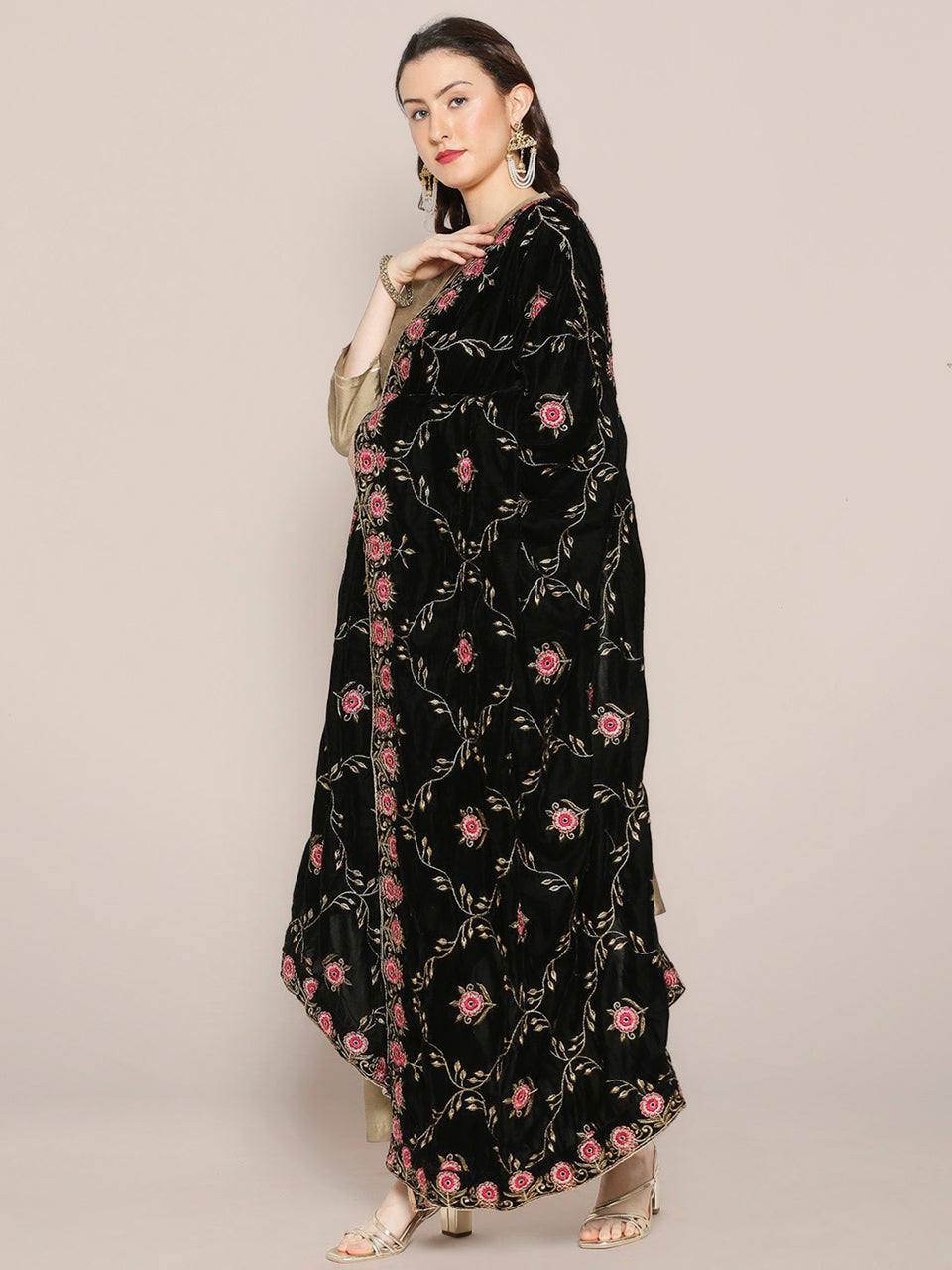 Black Velvet Dupatta with Pink Jaal Embroidery