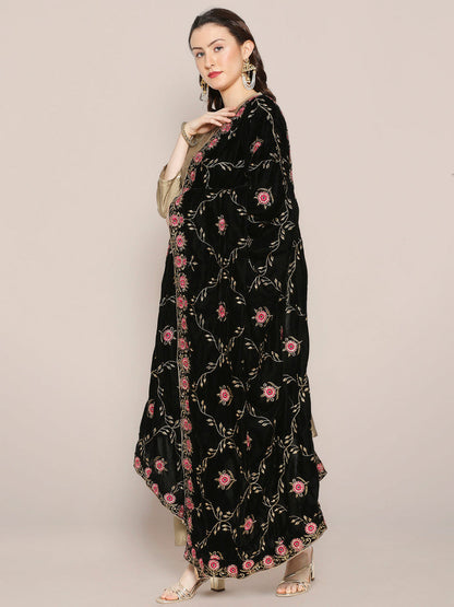 Black Velvet Dupatta with Pink Jaal Embroidery