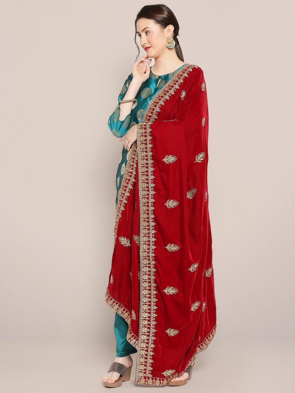 Maroon Velvet Embroidered Dupatta with Gold Motifs all over