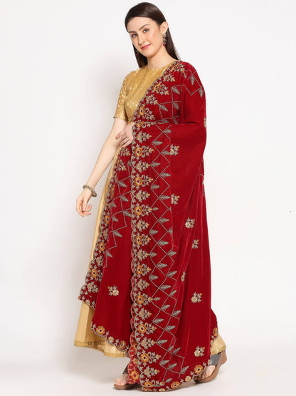 Maroon Velvet Dupatta with Mustard Embroidery & Cutwork Embroidery