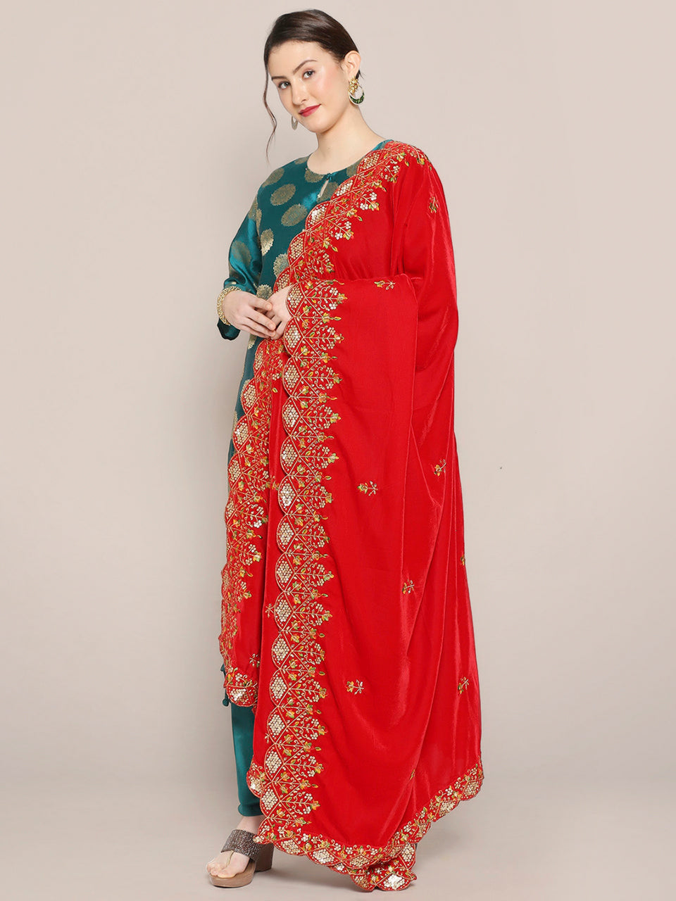 Embroidered Velvet Dupatta with Multicolour Embroidery & Sequins