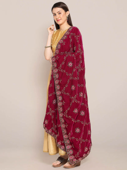 Velvet Dupatta with Pink Jaal Embroidery