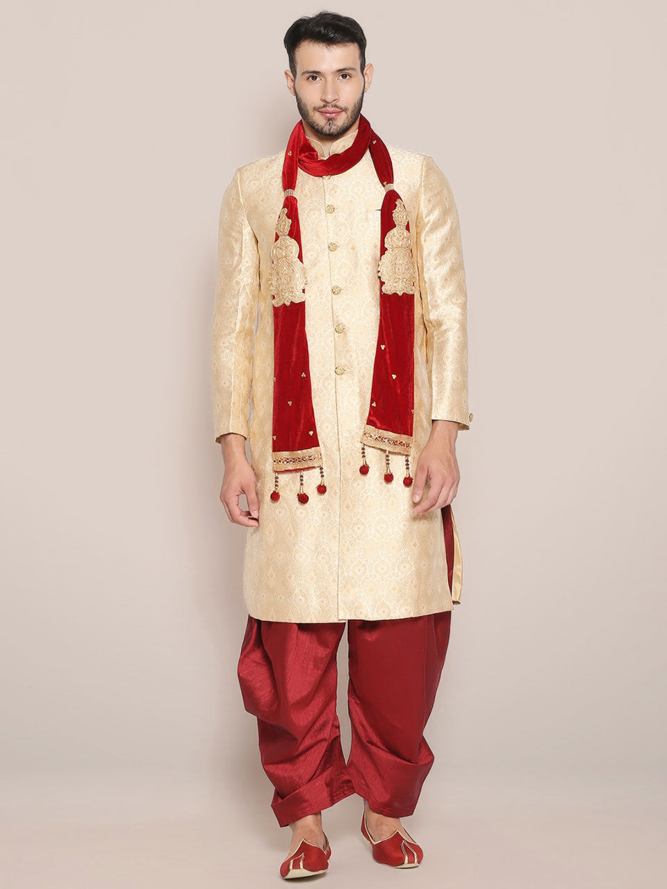 Men's Maroon Embroidered Velvet Stole