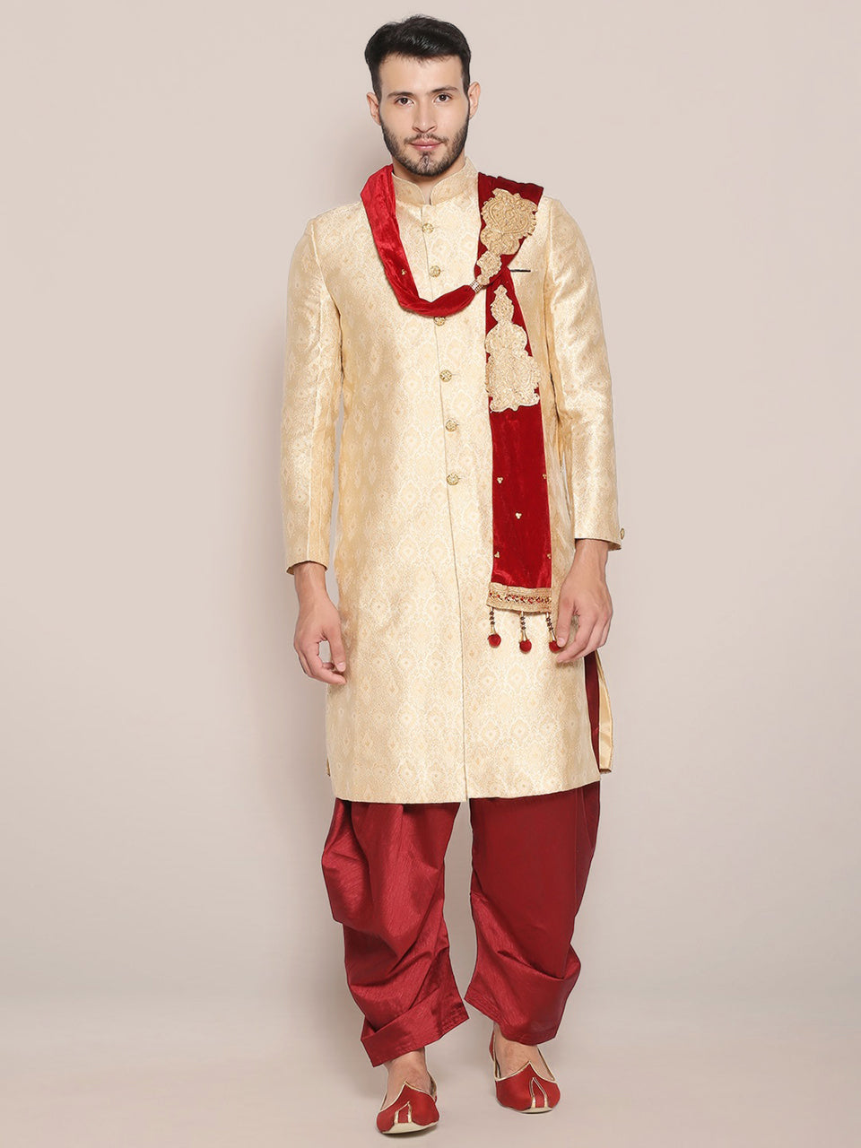 Men's Maroon Embroidered Velvet Stole