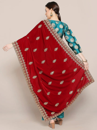 Maroon Velvet Embroidered Dupatta with Gold Motifs all over