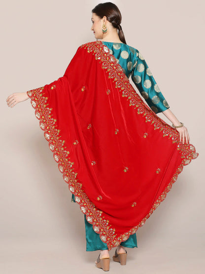 Embroidered Velvet Dupatta with Multicolour Embroidery & Sequins