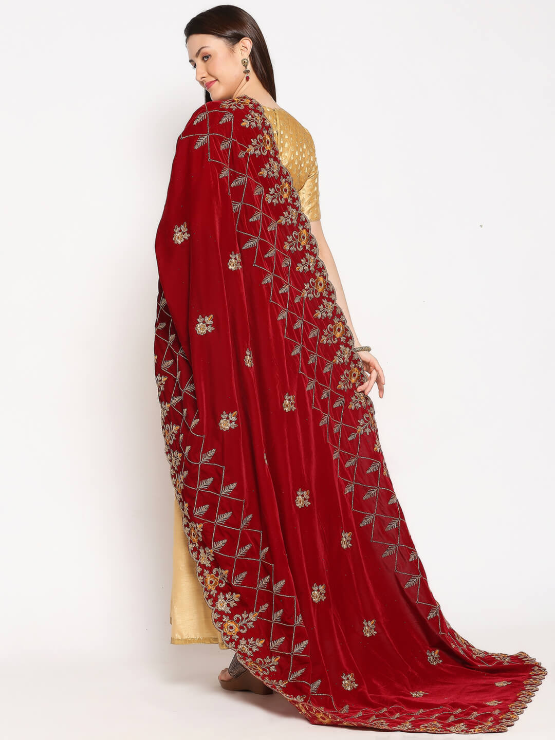 Maroon Velvet Dupatta with Mustard Embroidery & Cutwork Embroidery