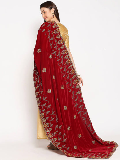 Maroon Velvet Dupatta with Mustard Embroidery & Cutwork Embroidery