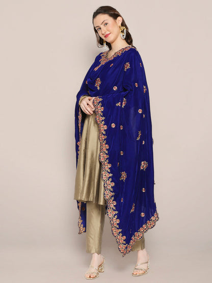 Velvet Dupatta with Gold Embroidery & Cutwork Border