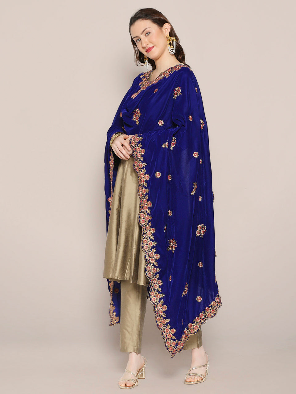 Royal Blue Velvet Dupatta with Gold Embroidery & Cutwork Border