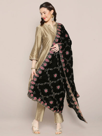 Black Velvet Dupatta with Pink Jaal Embroidery
