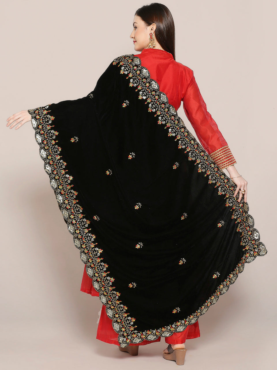 Embroidered Velvet Dupatta with Multicolour Embroidery & Sequins