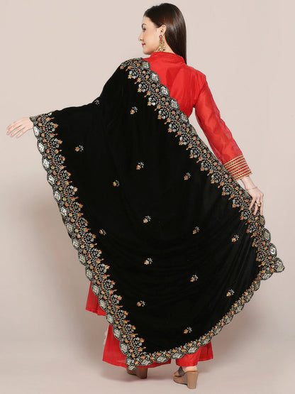 Embroidered Velvet Dupatta with Multicolour Embroidery & Sequins