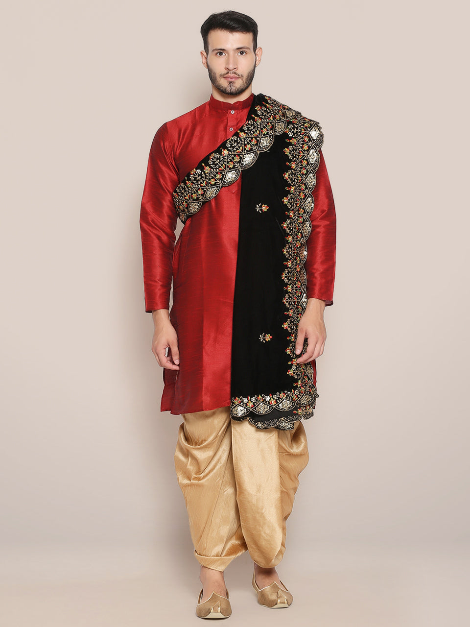Men's Black Velvet Dupatta with Multicolour Embroidery