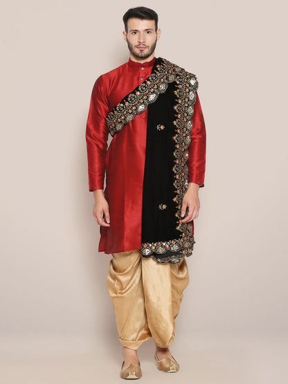 Men's Black Velvet Dupatta with Multicolour Embroidery