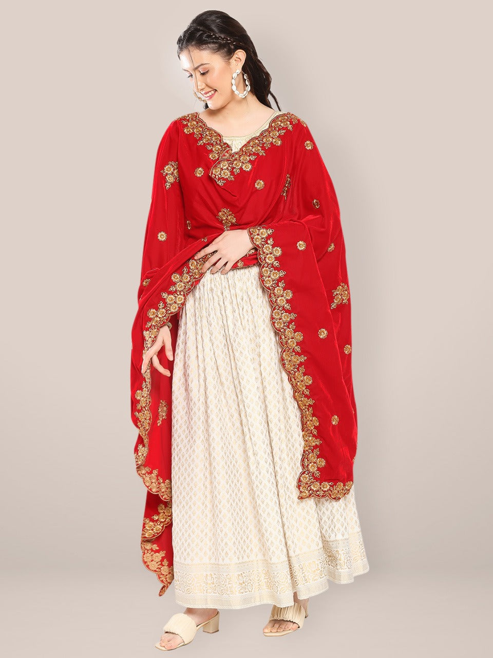 Velvet Dupatta with Gold Embroidery & Cutwork Border