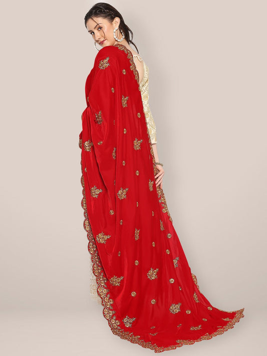 Velvet Dupatta with Gold Embroidery & Cutwork Border
