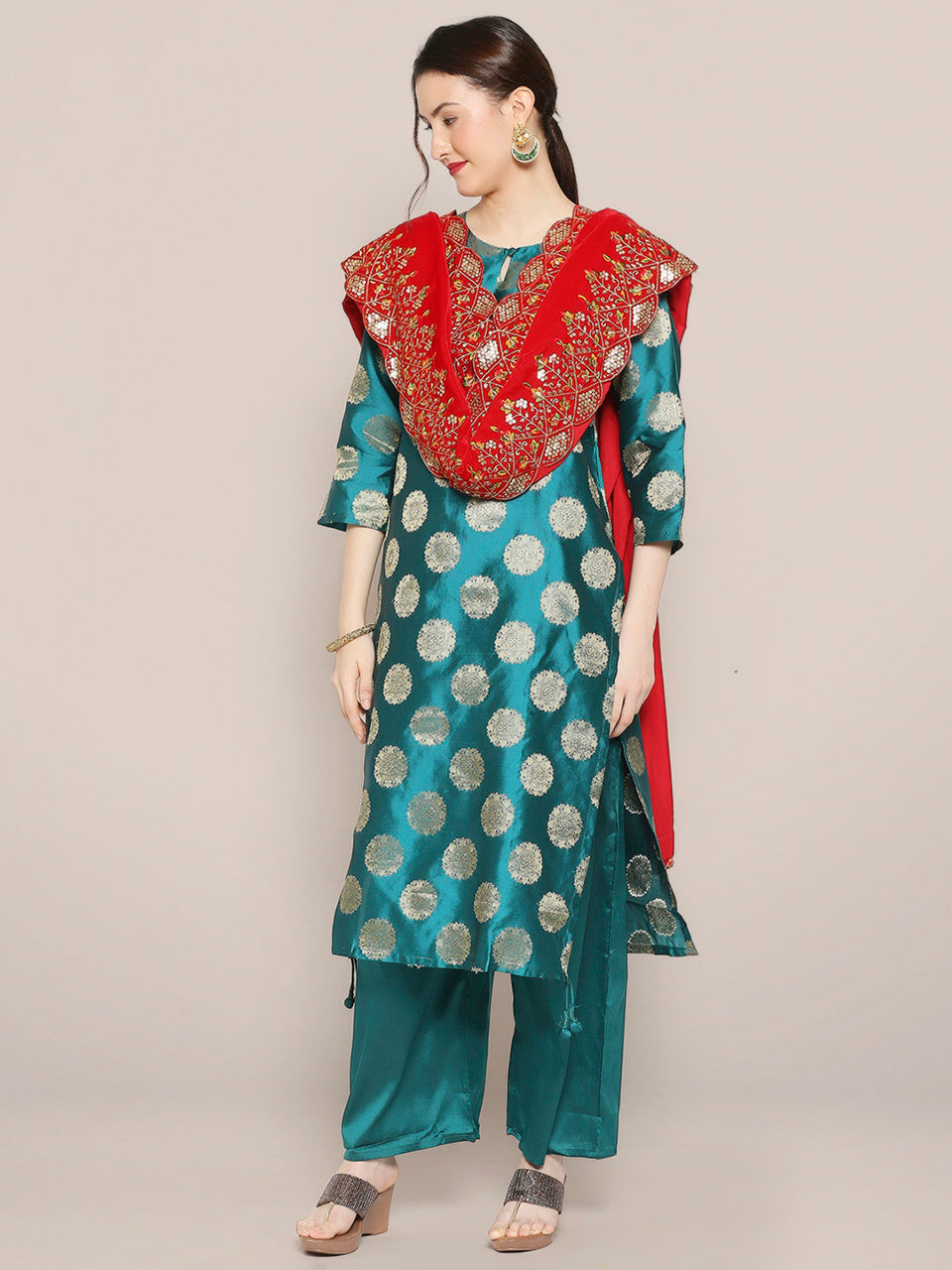Embroidered Velvet Dupatta with Multicolour Embroidery & Sequins