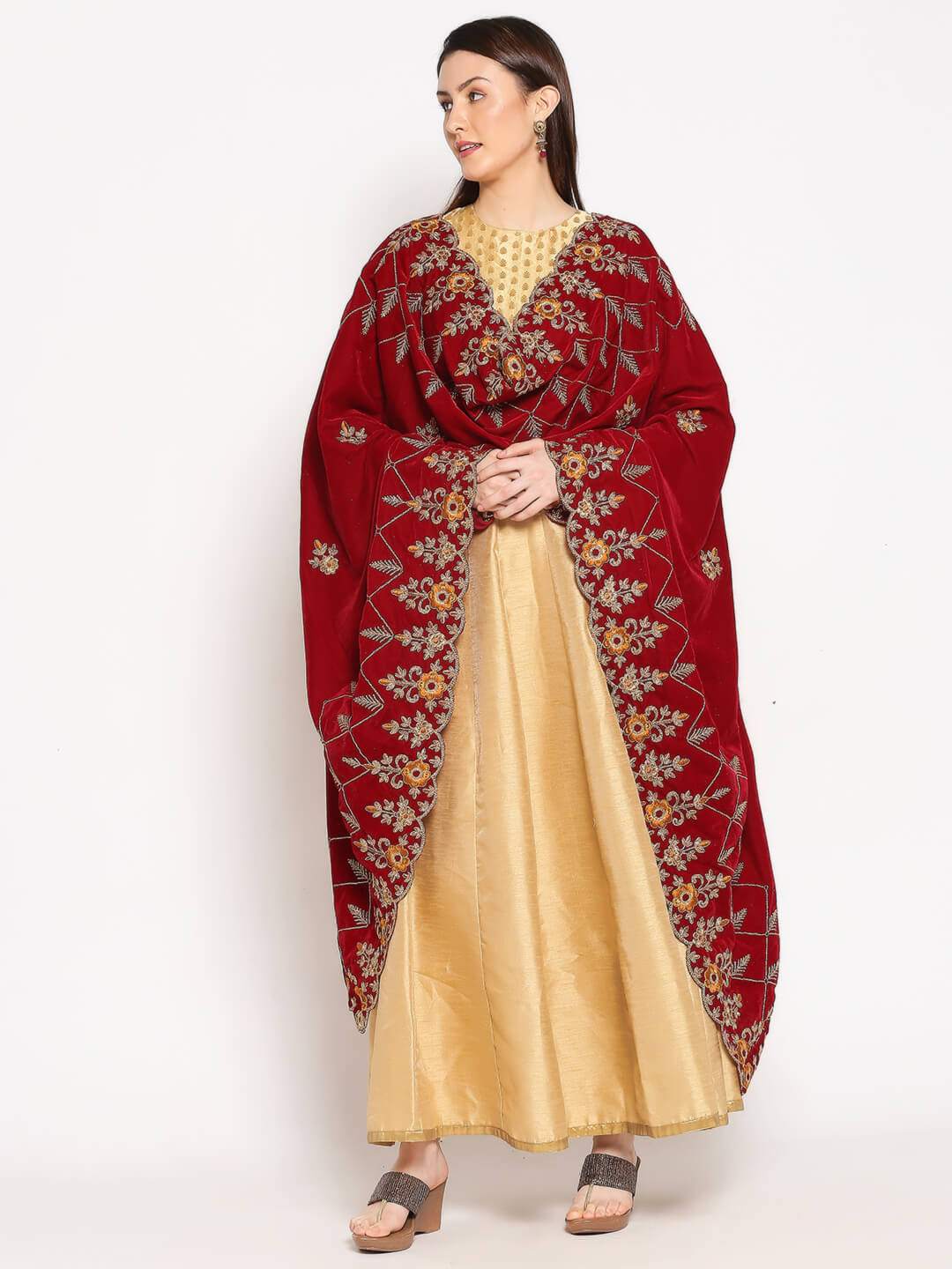 Maroon Velvet Dupatta with Mustard Embroidery & Cutwork Embroidery