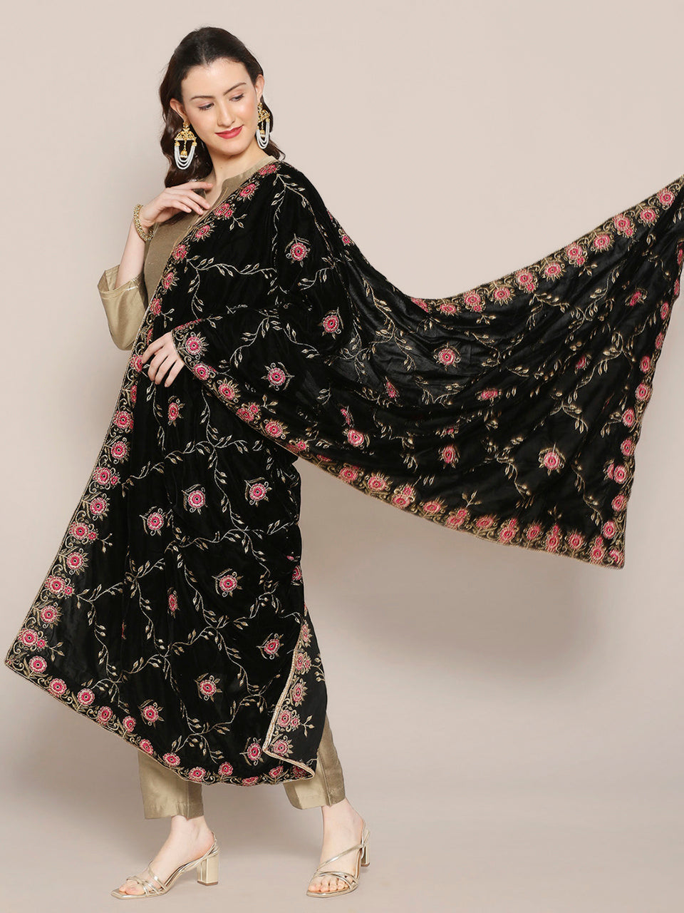 Black Velvet Dupatta with Pink Jaal Embroidery