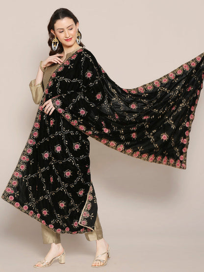 Black Velvet Dupatta with Pink Jaal Embroidery