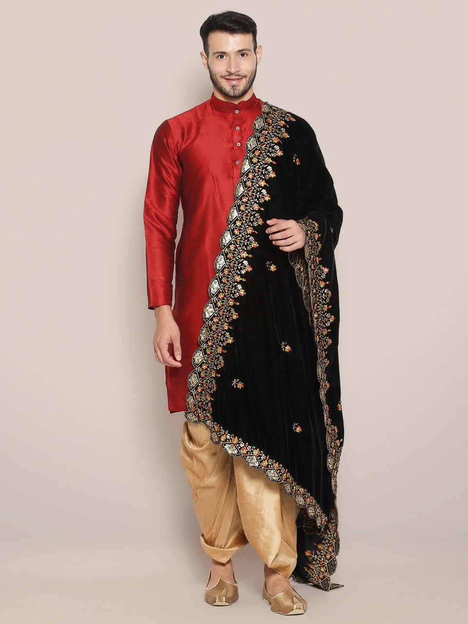 Men's Black Velvet Dupatta with Multicolour Embroidery