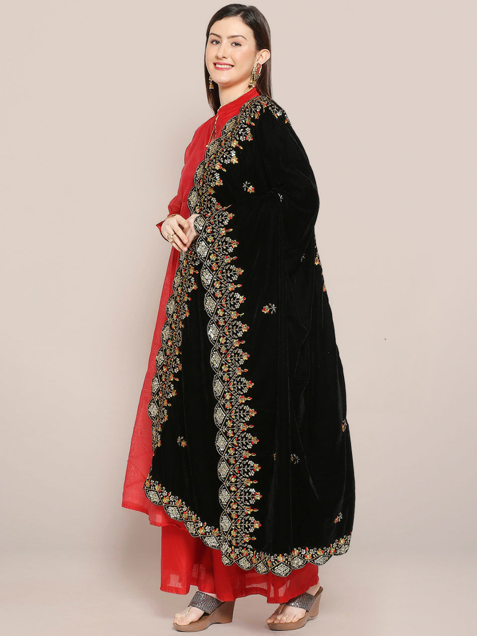 Embroidered Velvet Dupatta with Multicolour Embroidery & Sequins