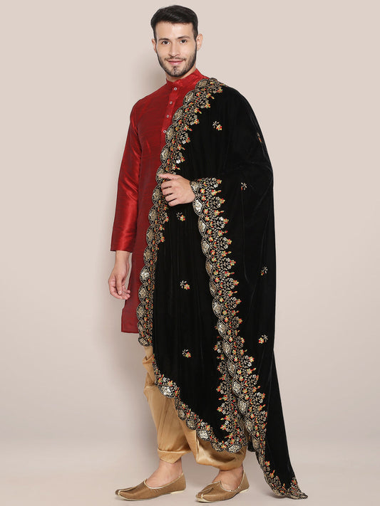 Men's Black Velvet Dupatta with Multicolour Embroidery
