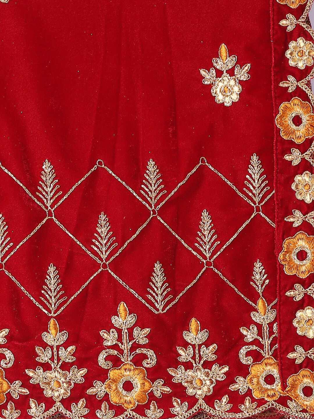 Maroon Velvet Dupatta with Mustard Embroidery & Cutwork Embroidery
