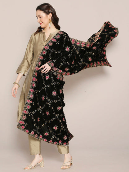Black Velvet Dupatta with Pink Jaal Embroidery