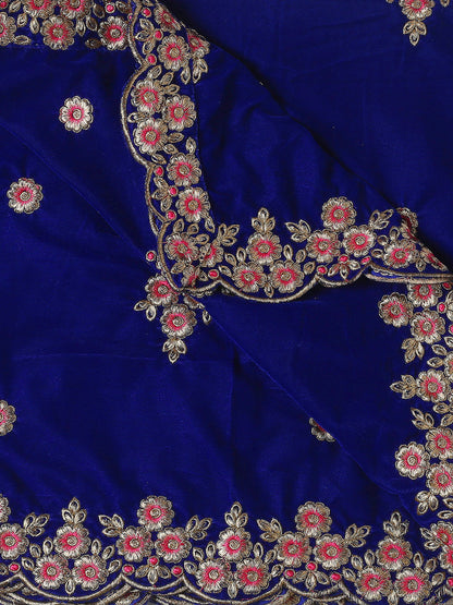 Royal Blue Velvet Dupatta with Gold Embroidery & Cutwork Border
