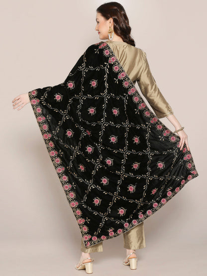 Black Velvet Dupatta with Pink Jaal Embroidery