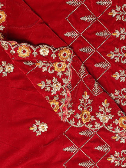 Maroon Velvet Dupatta with Mustard Embroidery & Cutwork Embroidery