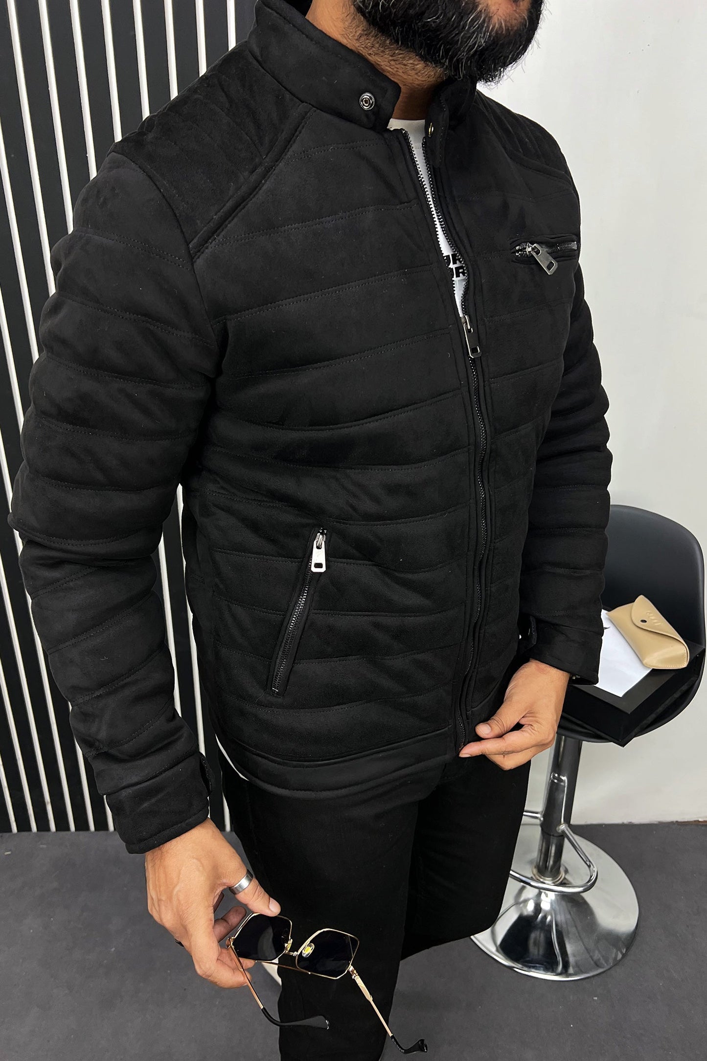 Quilted Pattern Iconic Zipper Men's Suede Jacket