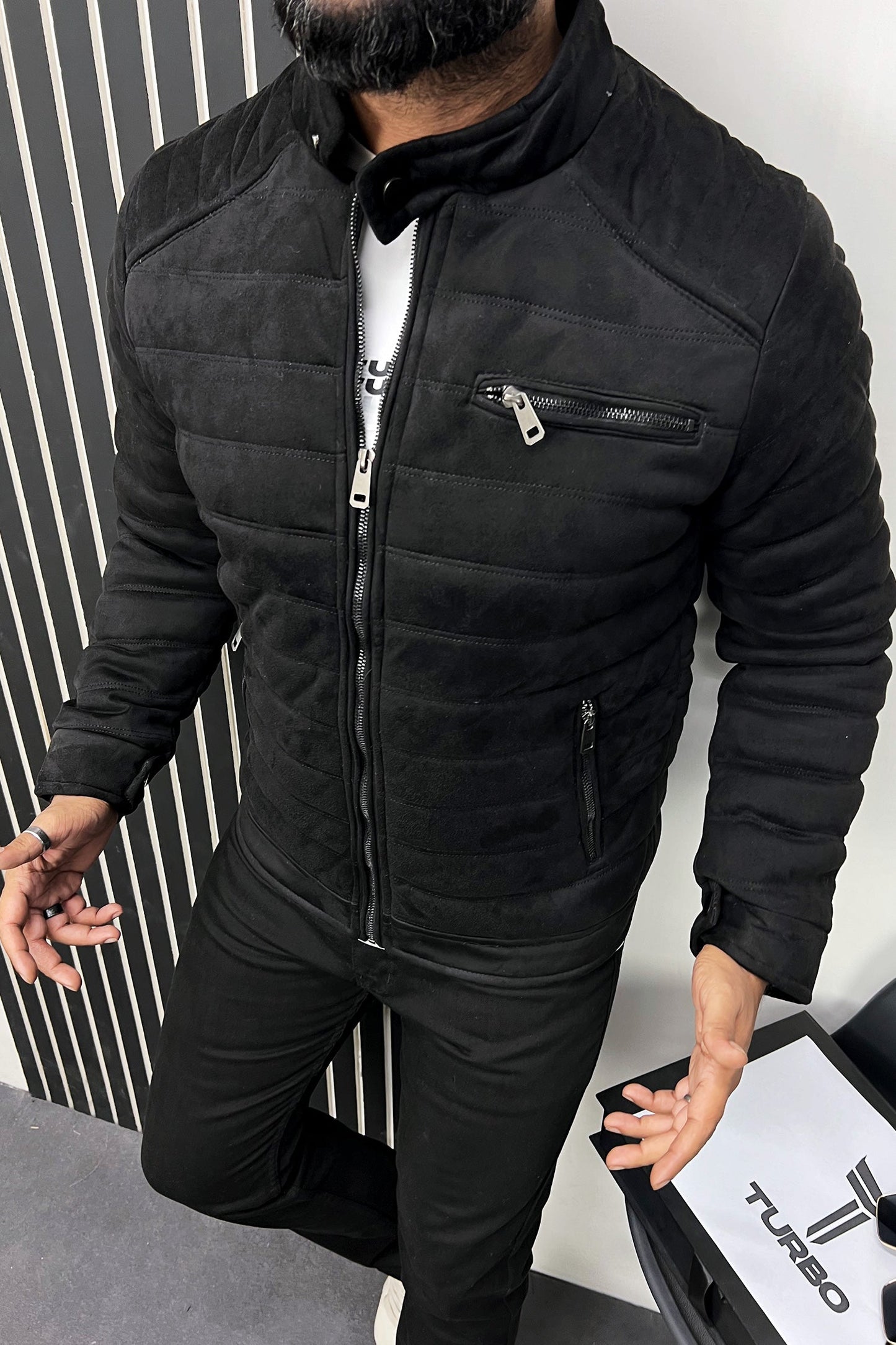 Quilted Pattern Iconic Zipper Men's Suede Jacket