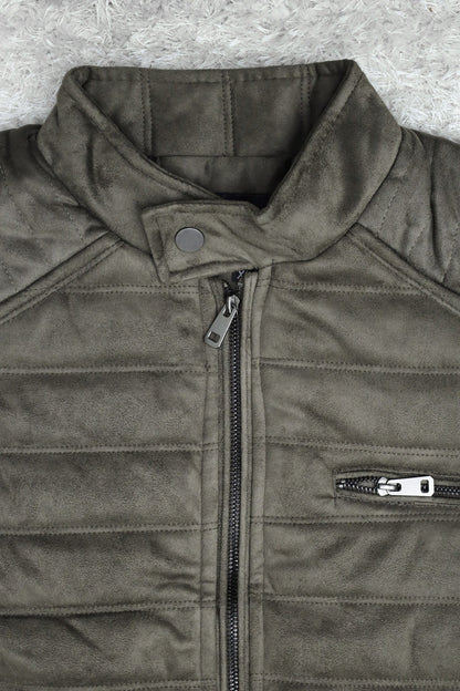 Quilted Pattern Iconic Zipper Men's Suede Jacket