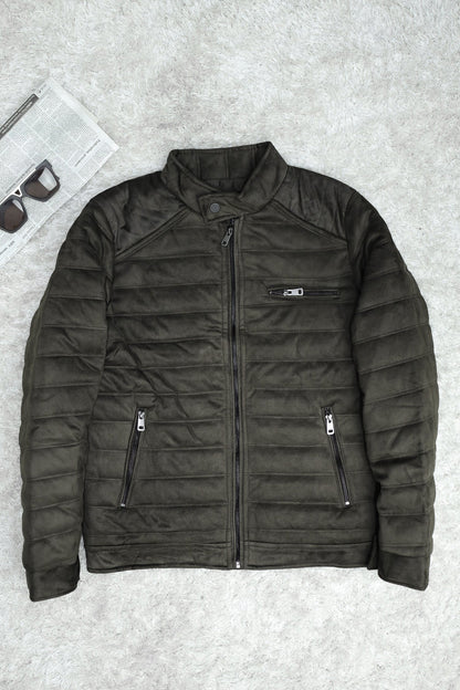 Quilted Pattern Iconic Zipper Men's Suede Jacket