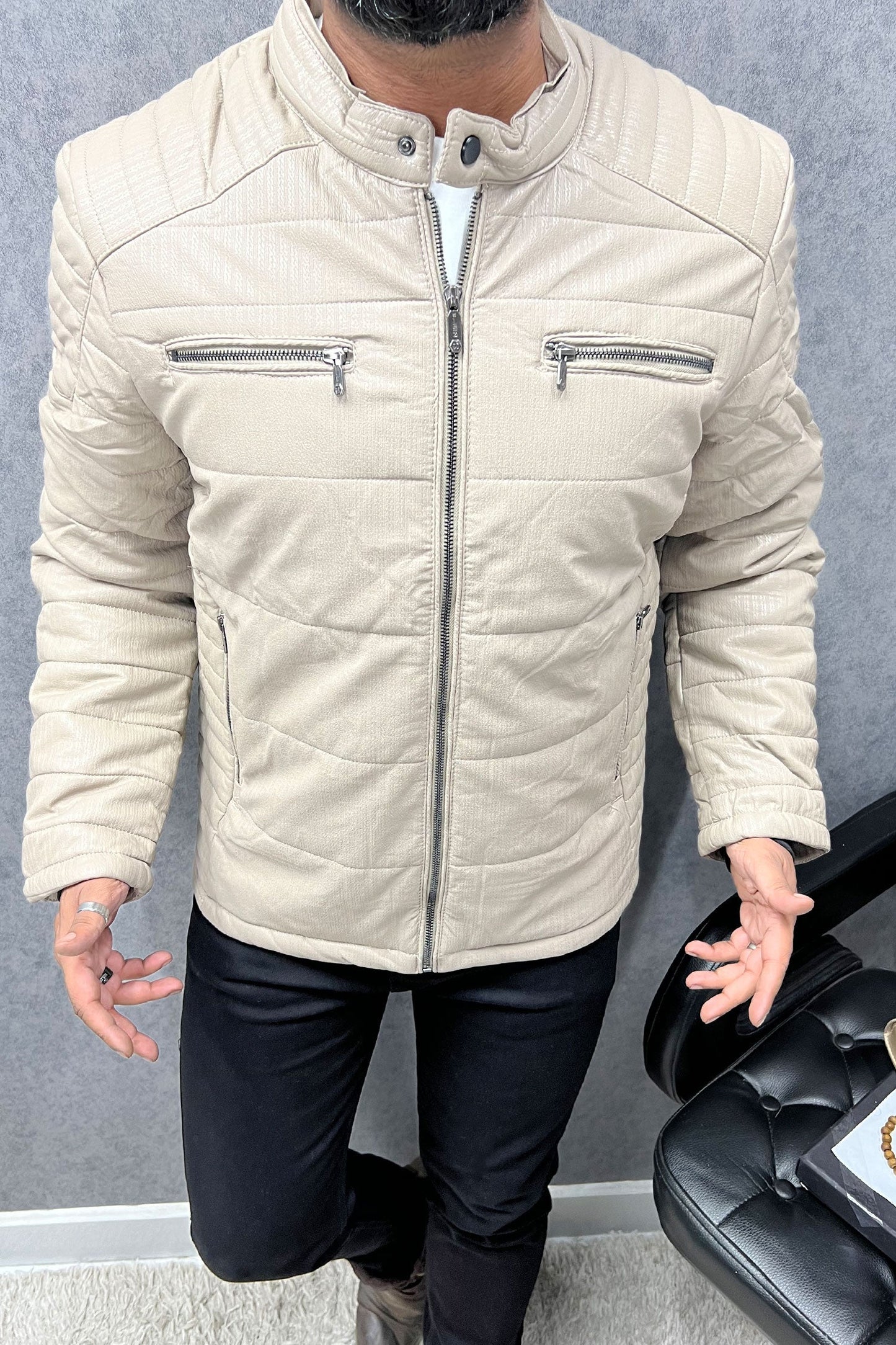 Self Design Zipper Pockets Men's Imported Suede Leather Jacket