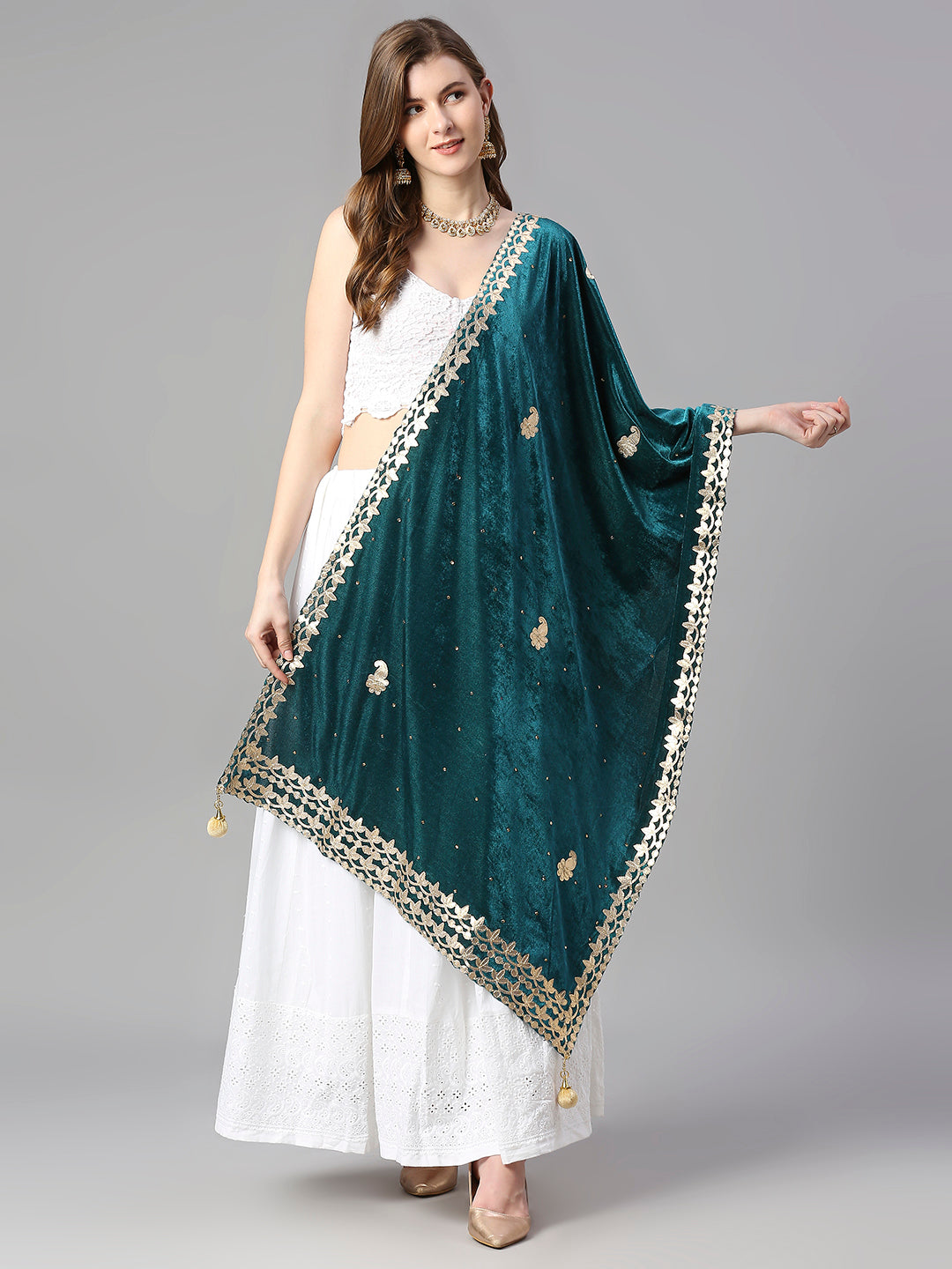 Gotta Patti Work Velvet Teal Dupatta With Danglers