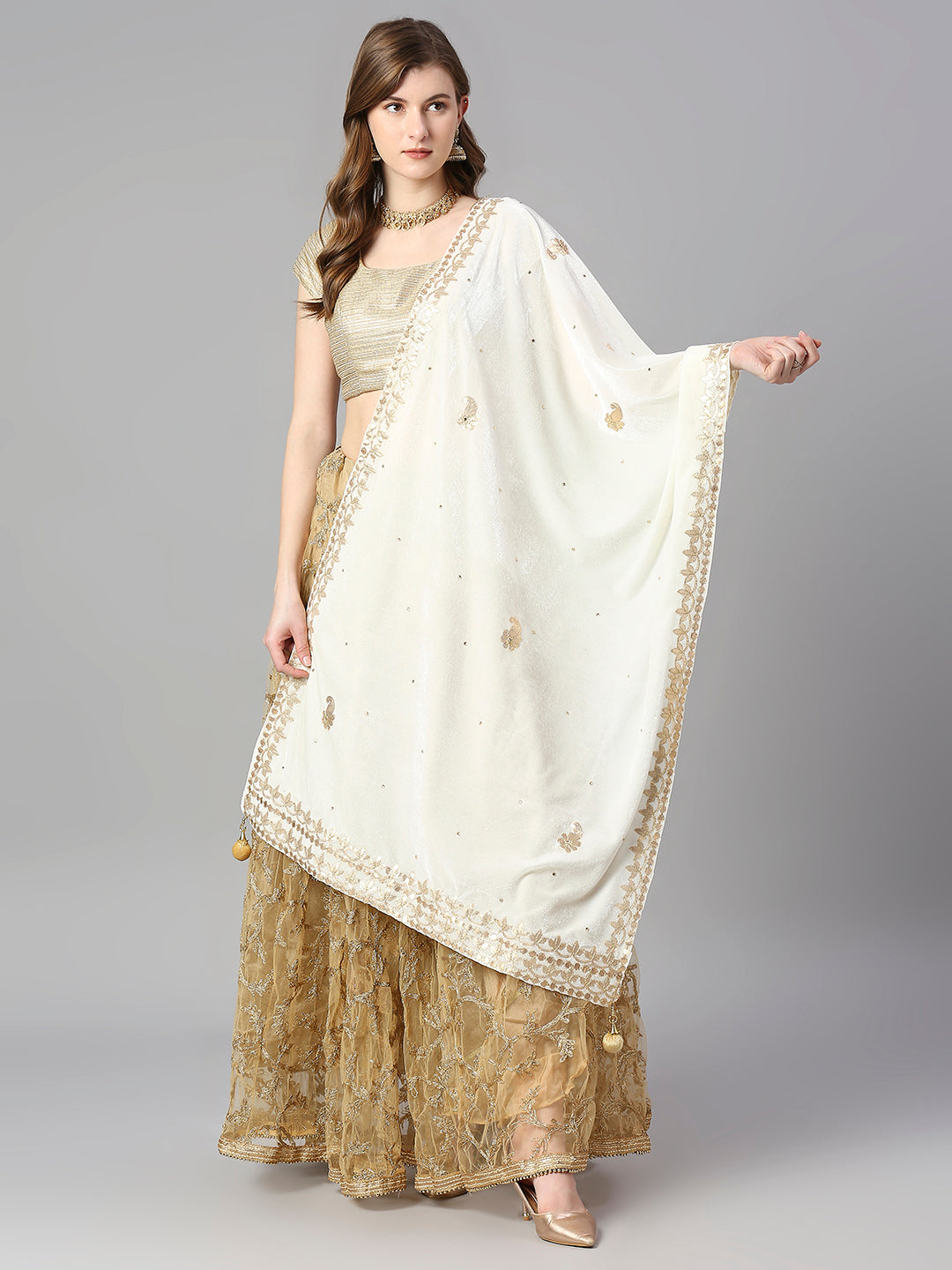 Gotta Patti Work Velvet Cream Dupatta With Danglers