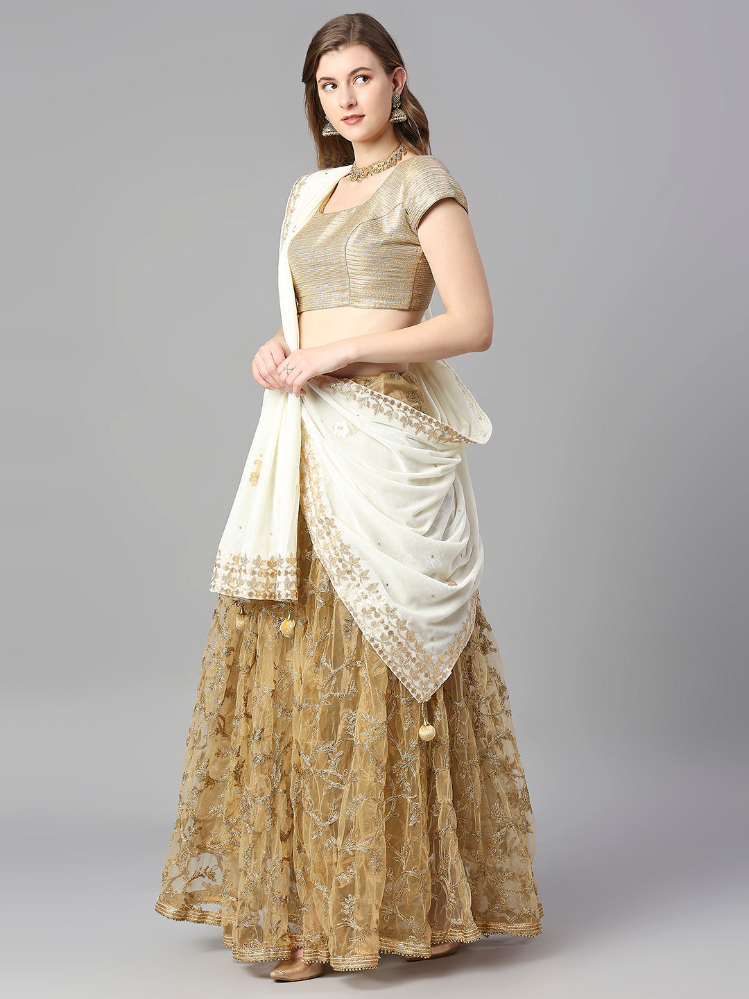 Gotta Patti Work Velvet Cream Dupatta With Danglers