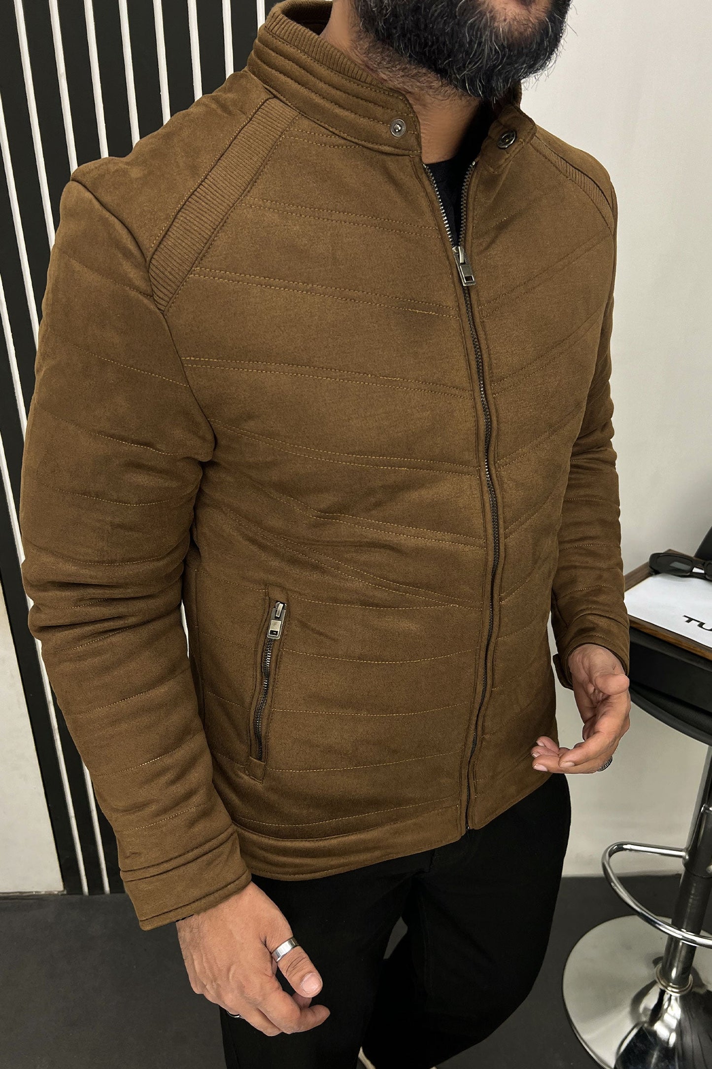 Stitched Motif Pattern Men's Suede Jacket